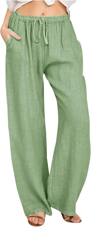 Linen Pants Women Casual High Waist Wide Leg Pants Lightweight Drawstring Palazzo Pants Lounge Pants with Pockets