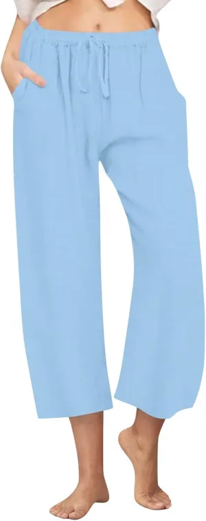 Linen Pants Women,Summer High Waisted Flowy Lounge Palazzo Beach Pants Loose Casual Trousers 2025