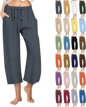 Linen Pants Women,Summer High Waisted Flowy Lounge Palazzo Beach Pants Loose Casual Trousers 2025