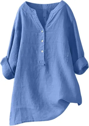 Linen Tops for Women Cotton Shirts Solid 3/4 Sleeve Summer Vacation Tunic Oversized T Shirts Casual V Neck Dressy Blouses