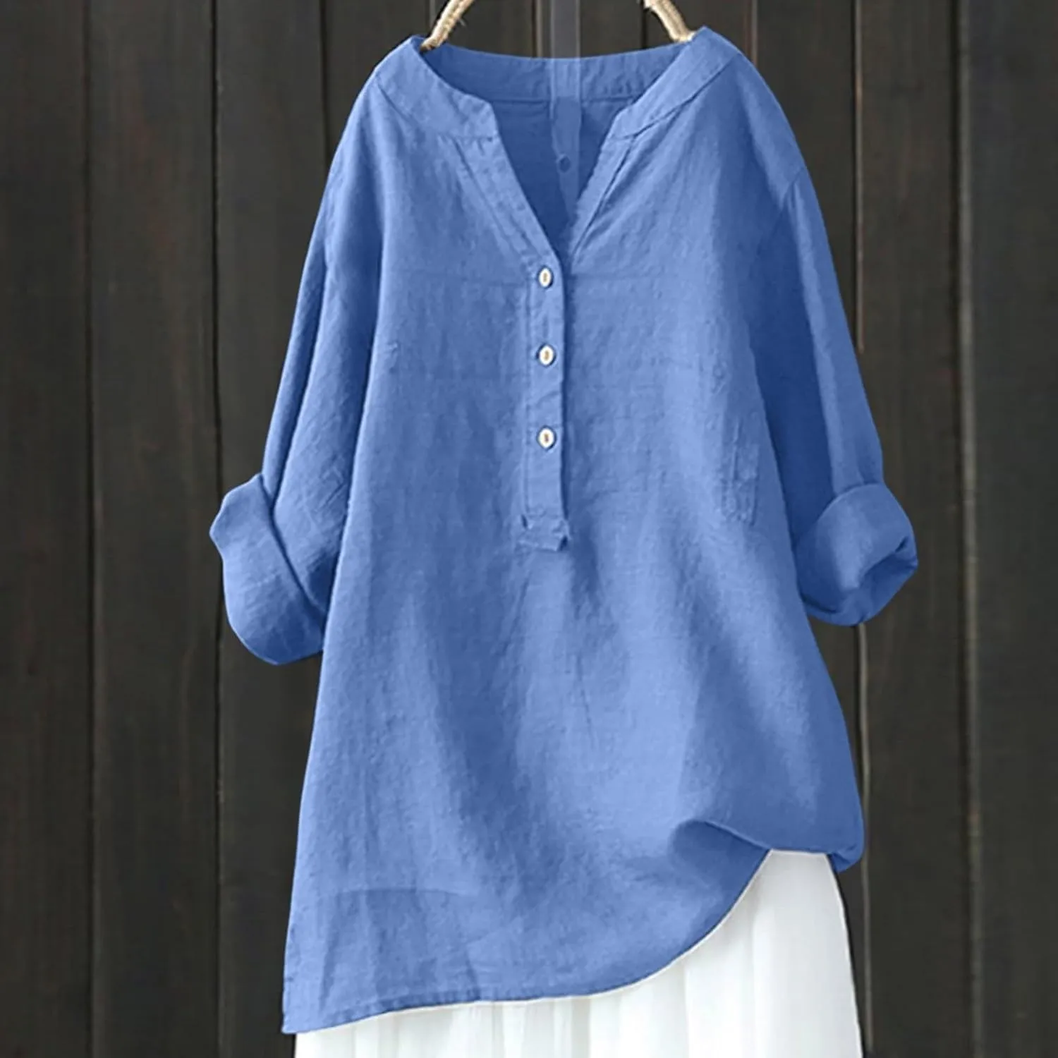 Linen Tops for Women Cotton Shirts Solid 3/4 Sleeve Summer Vacation Tunic Oversized T Shirts Casual V Neck Dressy Blouses