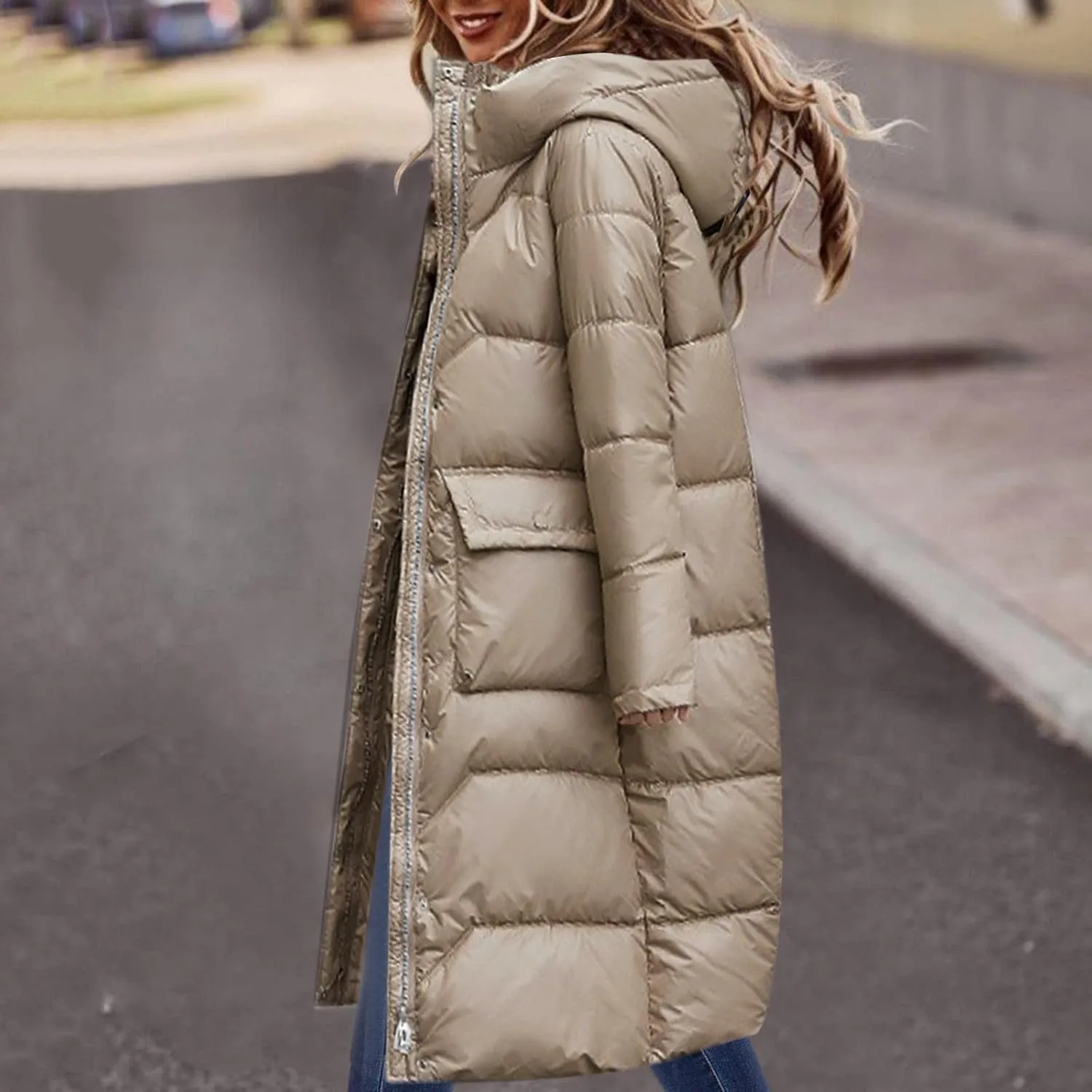Long Puffer Jacket Women Packable Down Coat Lightweight Parkas Jacket Oversized Water-Resistant Winter Hooded Insulated Coat