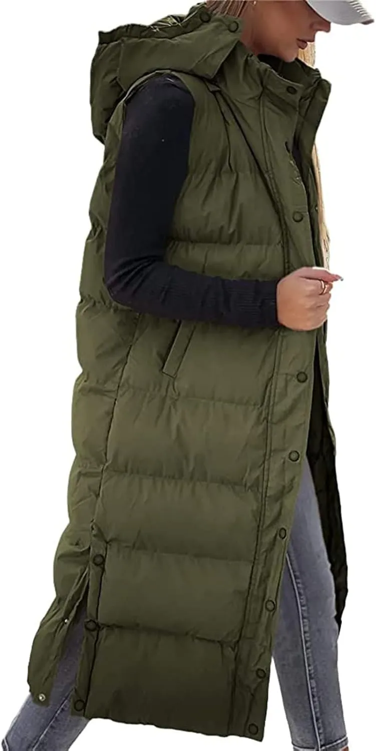 Long Puffer Vest for Women Puffy Zipper Plus Size Down Sleeveless Jacket Oversized Winter Warm Coat