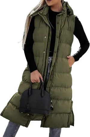 Long Puffer Vest for Women Puffy Zipper Plus Size Down Sleeveless Jacket Oversized Winter Warm Coat