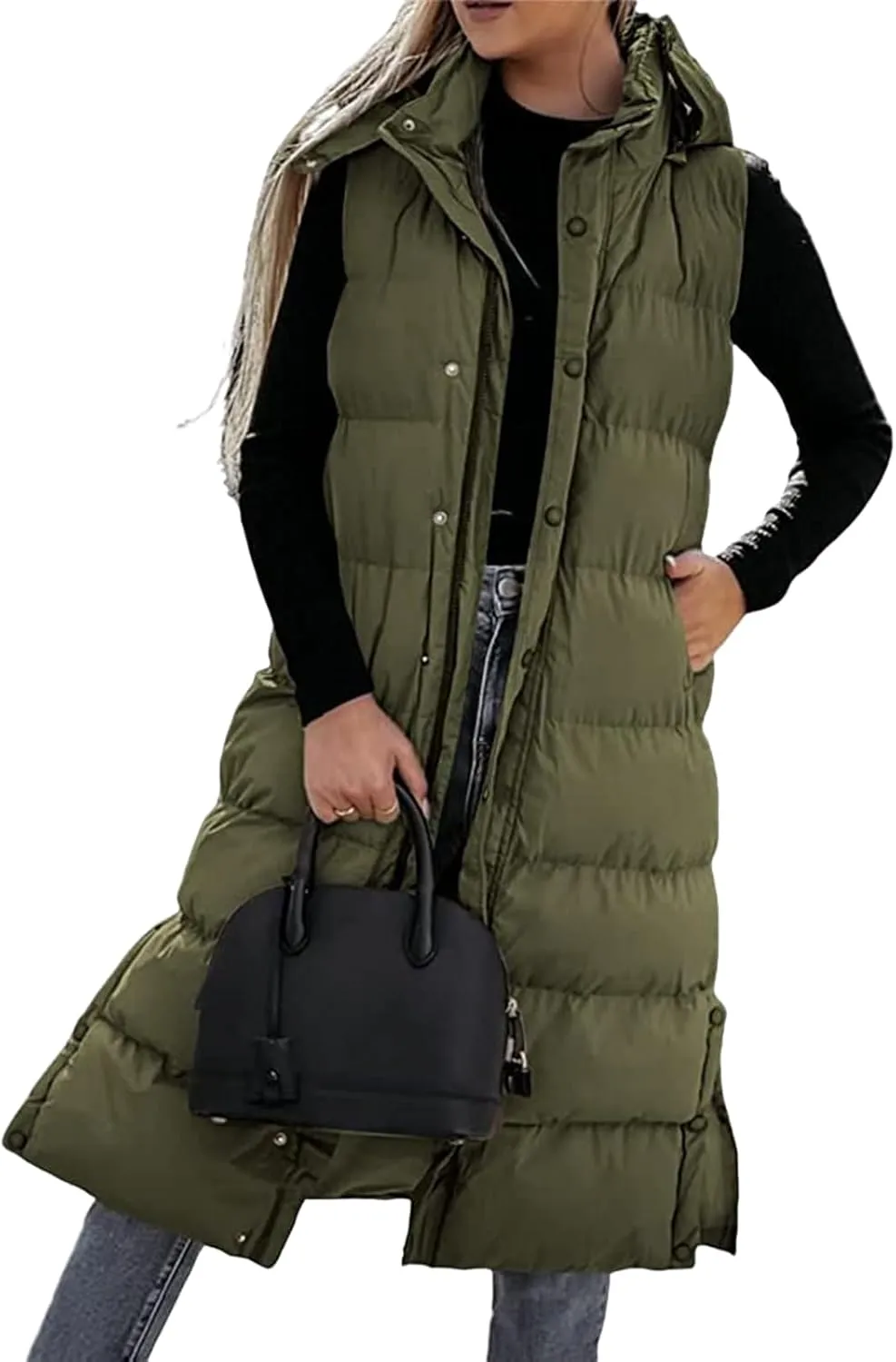 Long Puffer Vest for Women Puffy Zipper Plus Size Down Sleeveless Jacket Oversized Winter Warm Coat