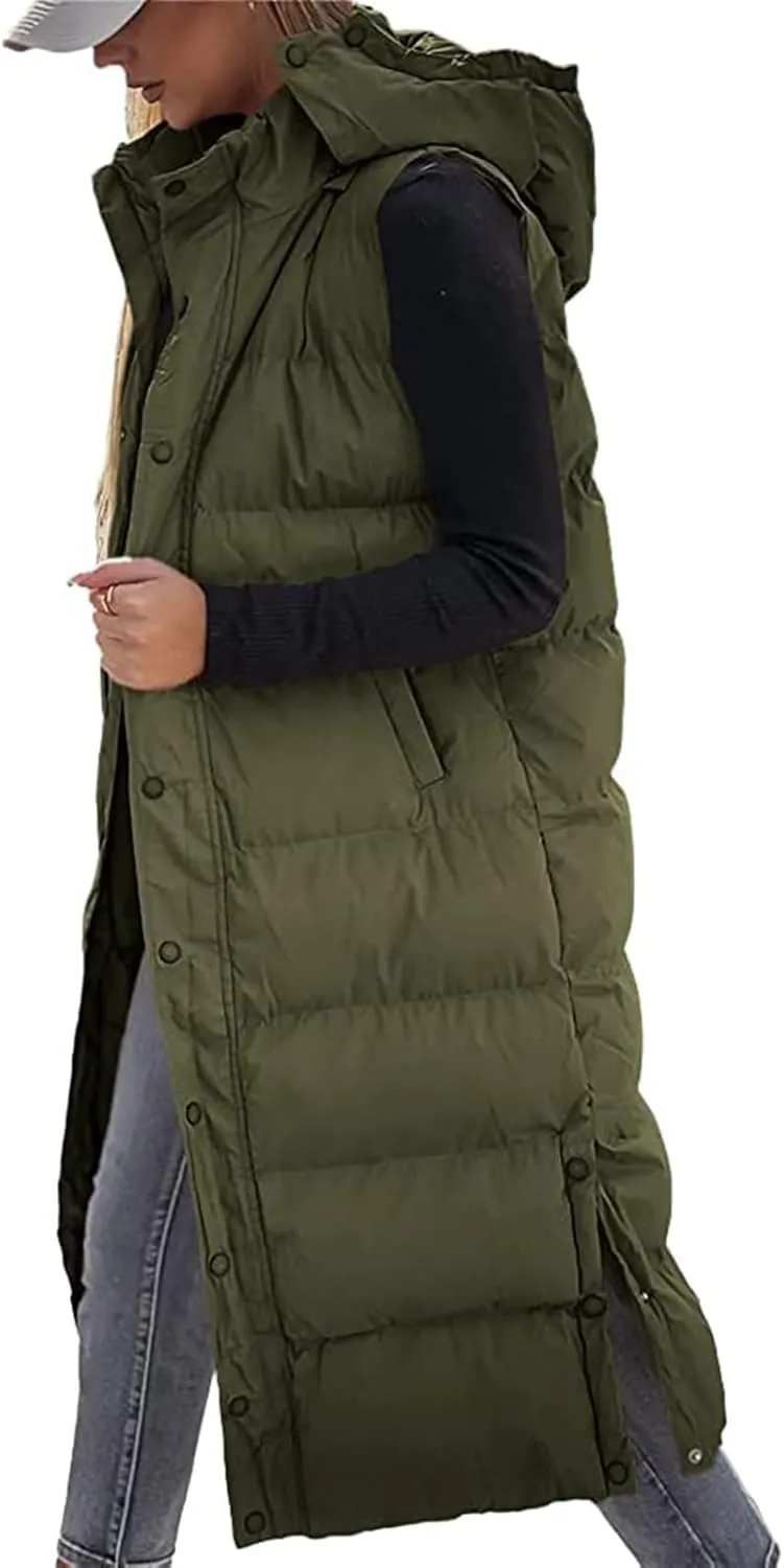 Long Puffer Vest for Women Puffy Zipper Plus Size Down Sleeveless Jacket Oversized Winter Warm Coat