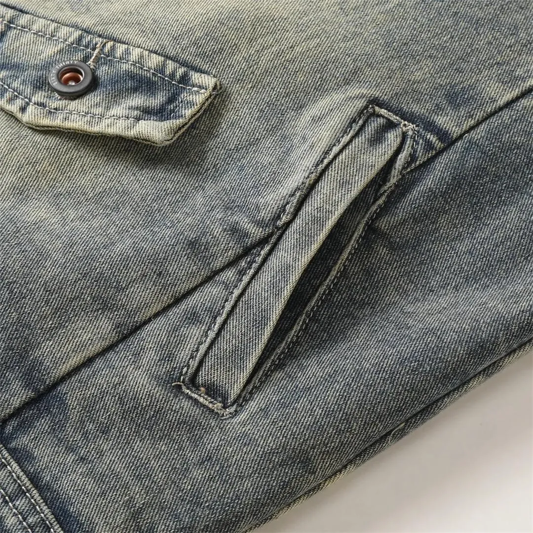 Men High Street Destroyed Jacket Streetwear Vintage Distressed Motorcycle Biker Retro Outerwear