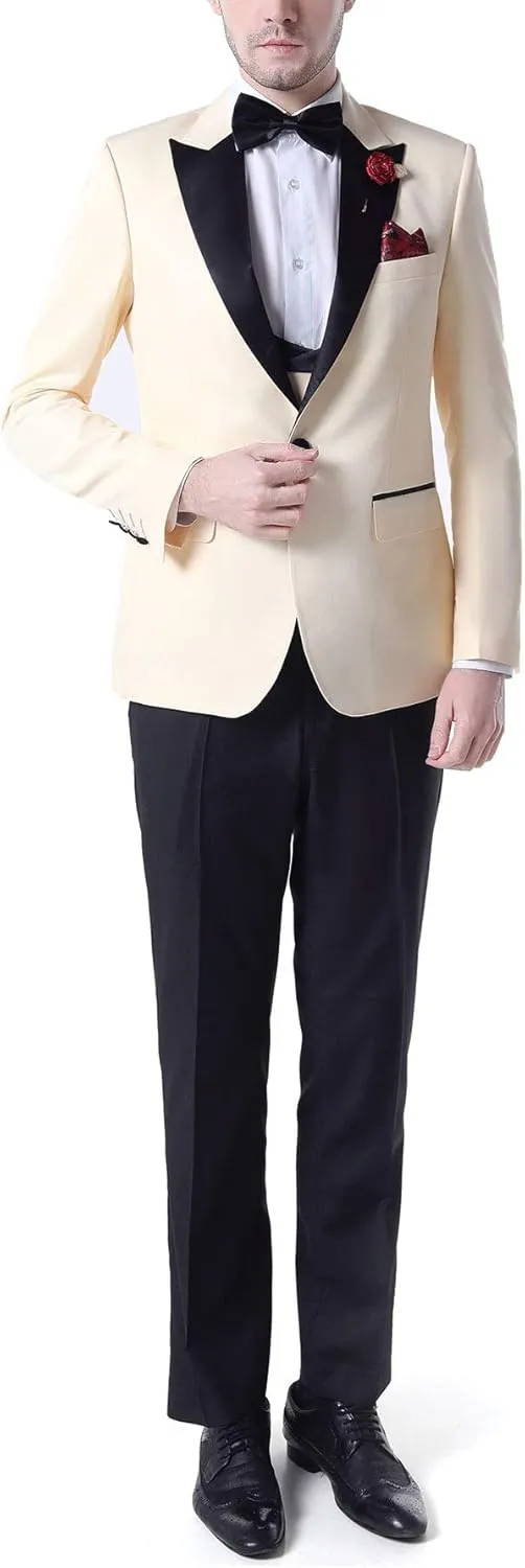 Men's 3 PC Red Notch Lapel Wedding Suits Slim Fit Groom Tuxedos Prom Suits Casual Suit