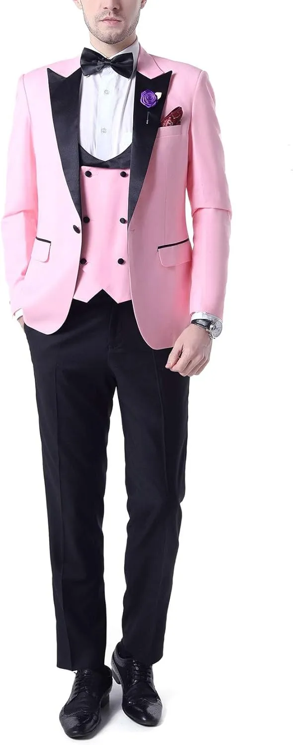 Men's 3 PC Red Notch Lapel Wedding Suits Slim Fit Groom Tuxedos Prom Suits Casual Suit