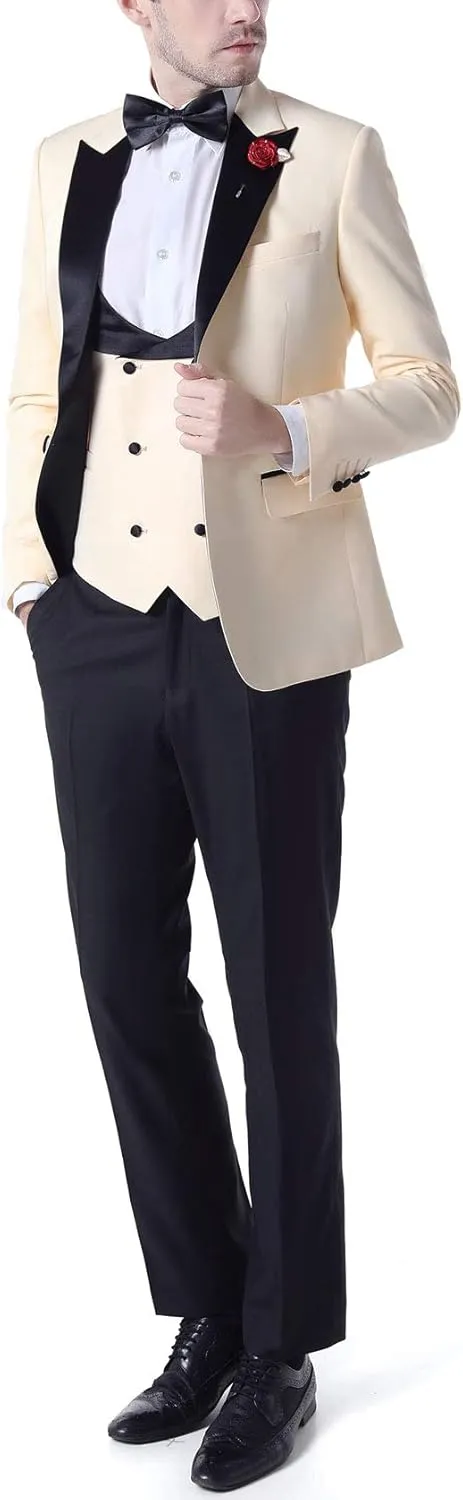 Men's 3 PC Red Notch Lapel Wedding Suits Slim Fit Groom Tuxedos Prom Suits Casual Suit