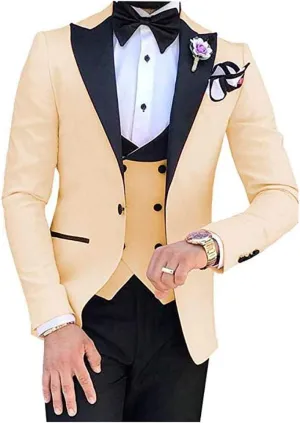 Men's 3 PC Red Notch Lapel Wedding Suits Slim Fit Groom Tuxedos Prom Suits Casual Suit