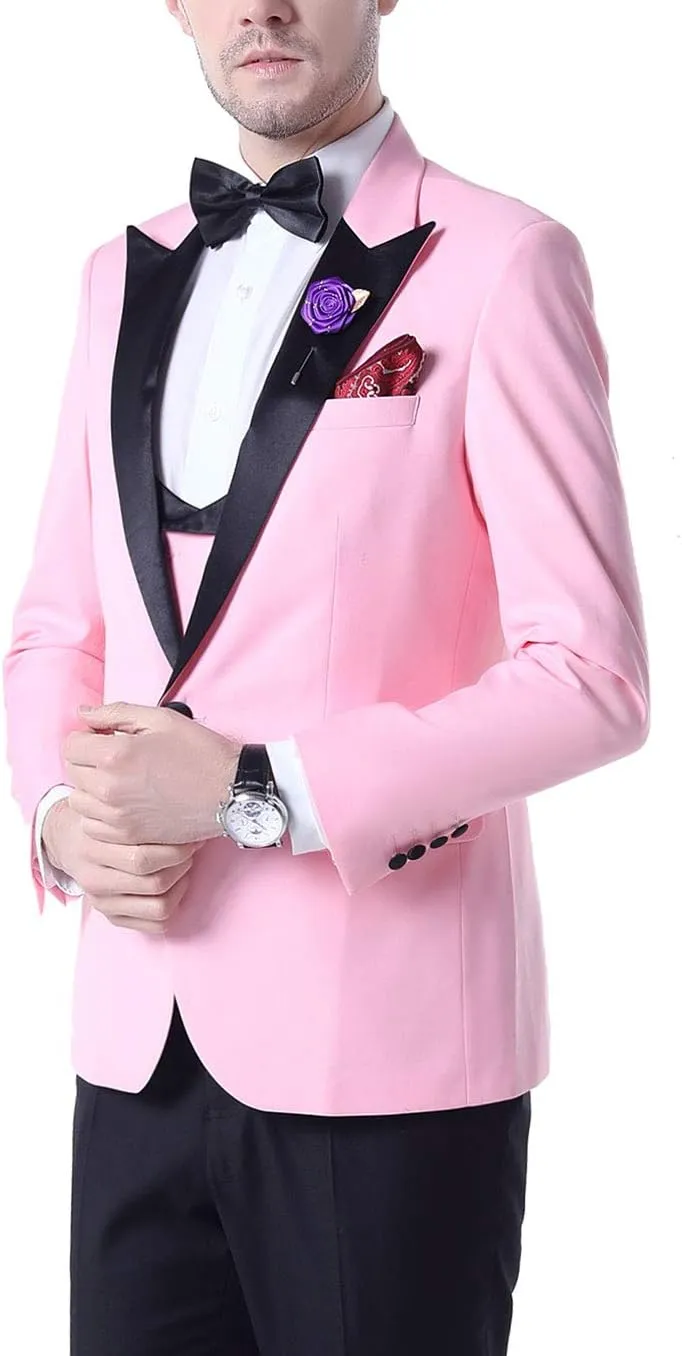 Men's 3 PC Red Notch Lapel Wedding Suits Slim Fit Groom Tuxedos Prom Suits Casual Suit