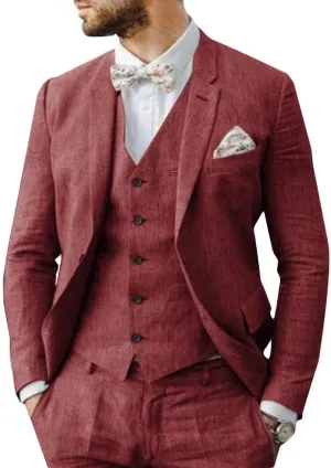 Men's 3-Piece Linen Suit Slim Fit Casual Suits Groomsmen Tuxedo Summer Beach Wedding Suits Set