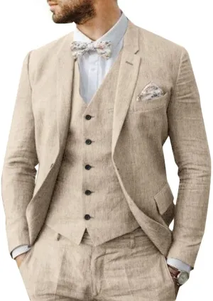 Men's 3-Piece Linen Suit Slim Fit Casual Suits Groomsmen Tuxedo Summer Beach Wedding Suits Set