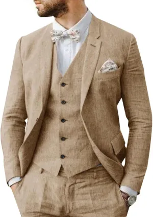 Men's 3-Piece Linen Suit Slim Fit Casual Suits Groomsmen Tuxedo Summer Beach Wedding Suits Set