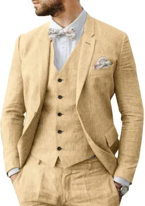 Men's 3-Piece Linen Suit Slim Fit Casual Suits Groomsmen Tuxedo Summer Beach Wedding Suits Set