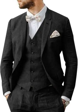 Men's 3-Piece Linen Suit Slim Fit Casual Suits Groomsmen Tuxedo Summer Beach Wedding Suits Set