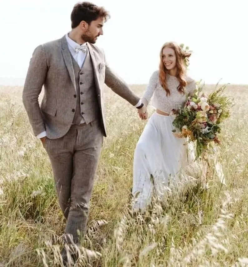 Men's 3-Piece Linen Suit Slim Fit Casual Suits Groomsmen Tuxedo Summer Beach Wedding Suits Set