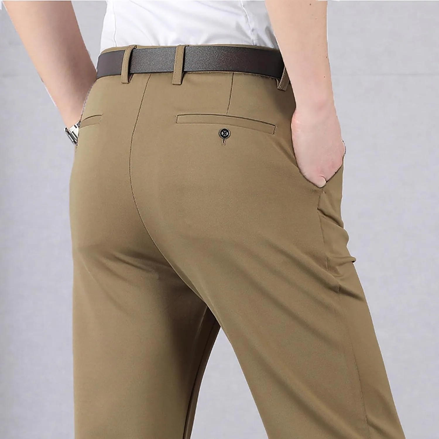 Men's Big and Tall Stretch Pleated Pants - Elastic Waist Chino Flat Front Classic Fit Pants Trousers Business Pants