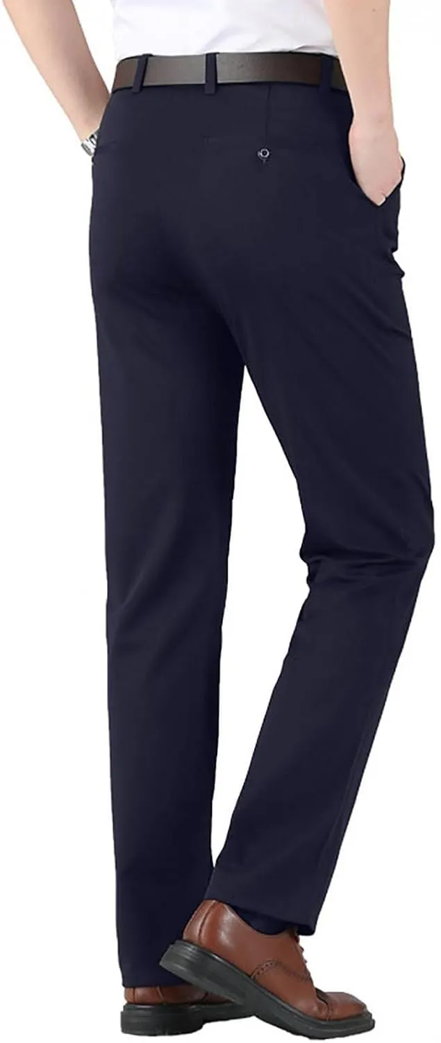 Men's Big and Tall Stretch Pleated Pants - Elastic Waist Chino Flat Front Classic Fit Pants Trousers Business Pants