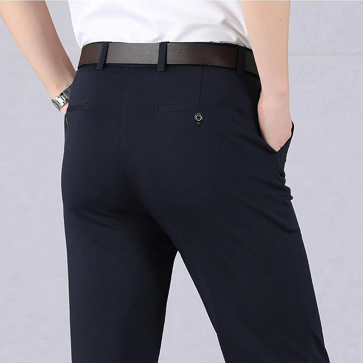Men's Big and Tall Stretch Pleated Pants - Elastic Waist Chino Flat Front Classic Fit Pants Trousers Business Pants