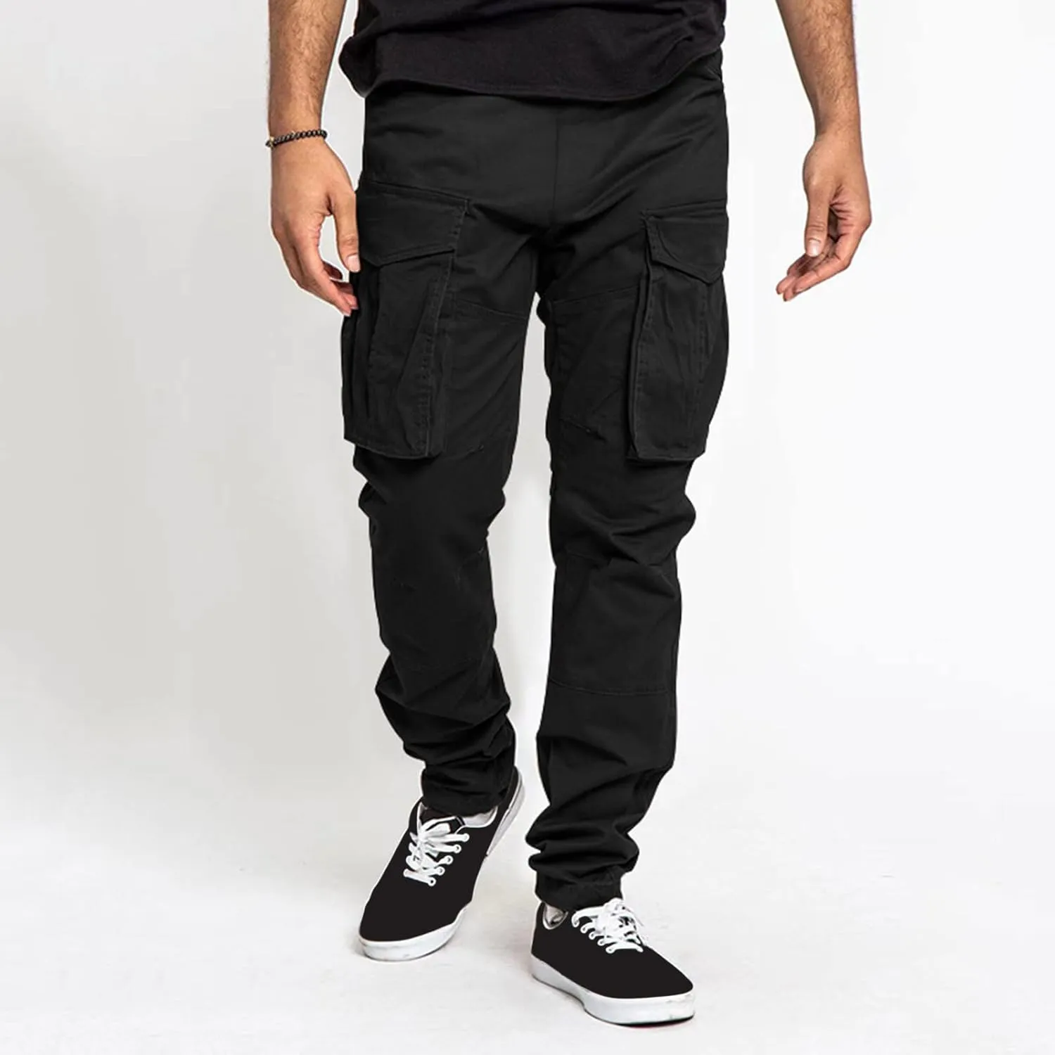 Mens Casual Cargo Pants Elastic Waist Stretch Drawstring Trouser Relaxed Fit Tactical Work Joggers Pans Multi Pockets