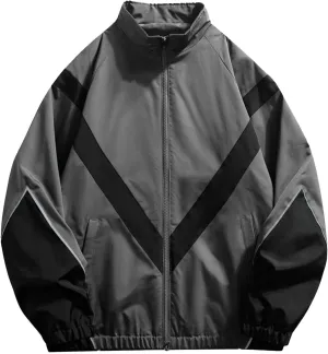 Mens Casual Zip Up Jacket Lightweight Color Block Stitching Coats Hoodless Windproof Breathable Bomber Jacket