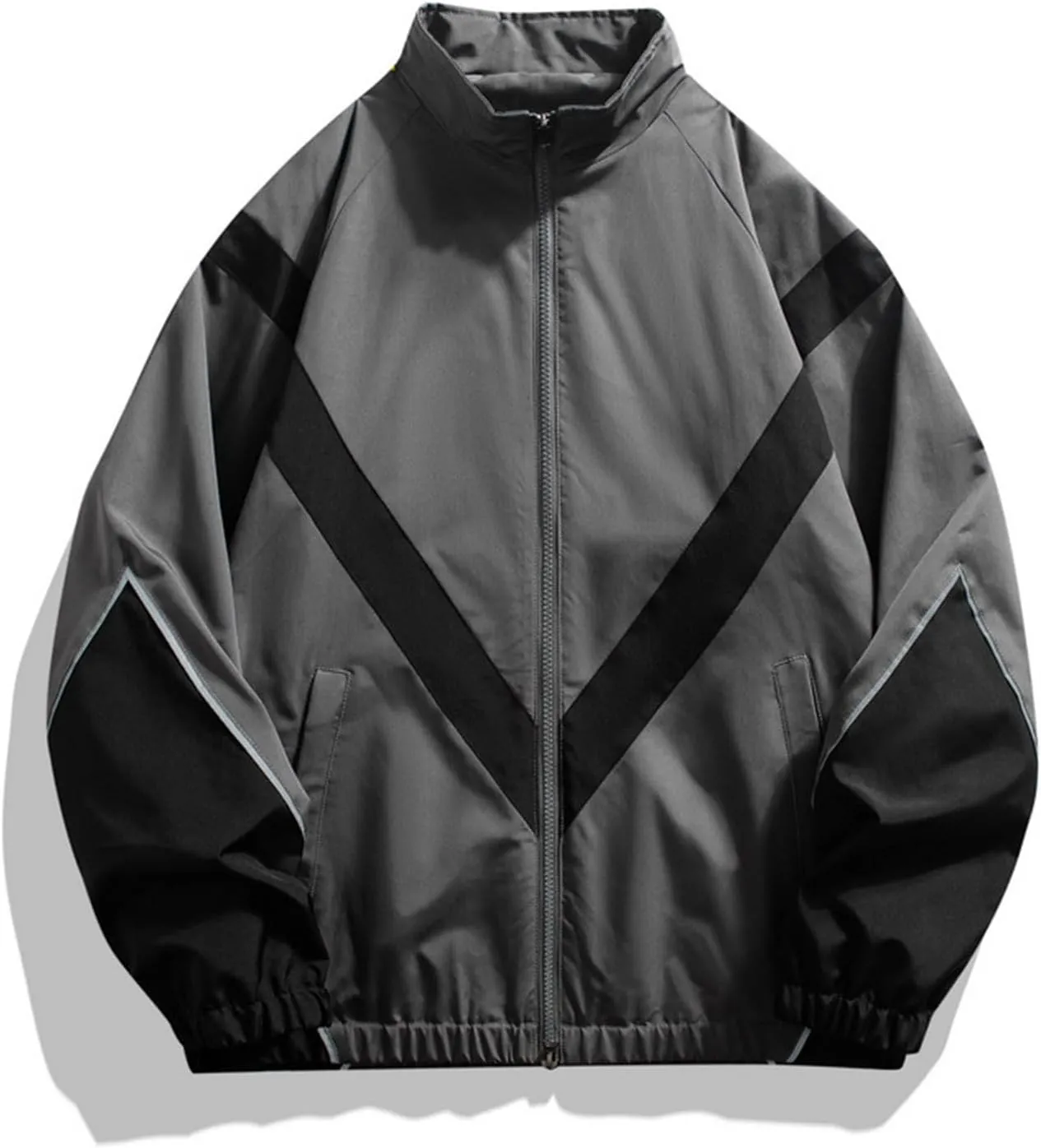 Mens Casual Zip Up Jacket Lightweight Color Block Stitching Coats Hoodless Windproof Breathable Bomber Jacket