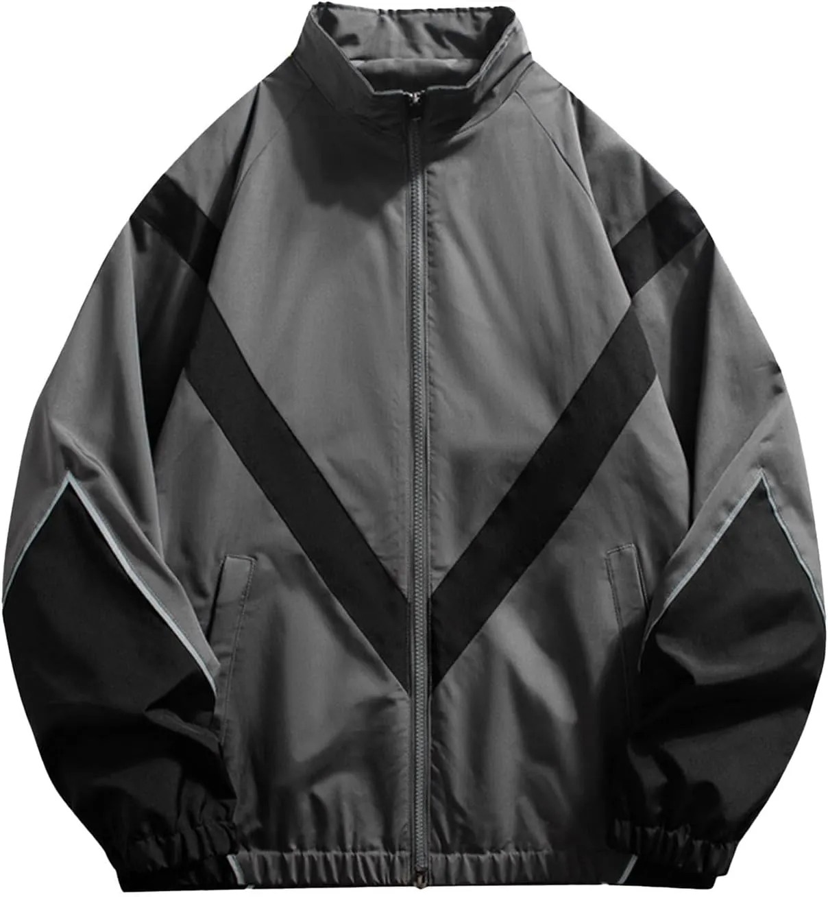 Mens Casual Zip Up Jacket Lightweight Color Block Stitching Coats Hoodless Windproof Breathable Bomber Jacket
