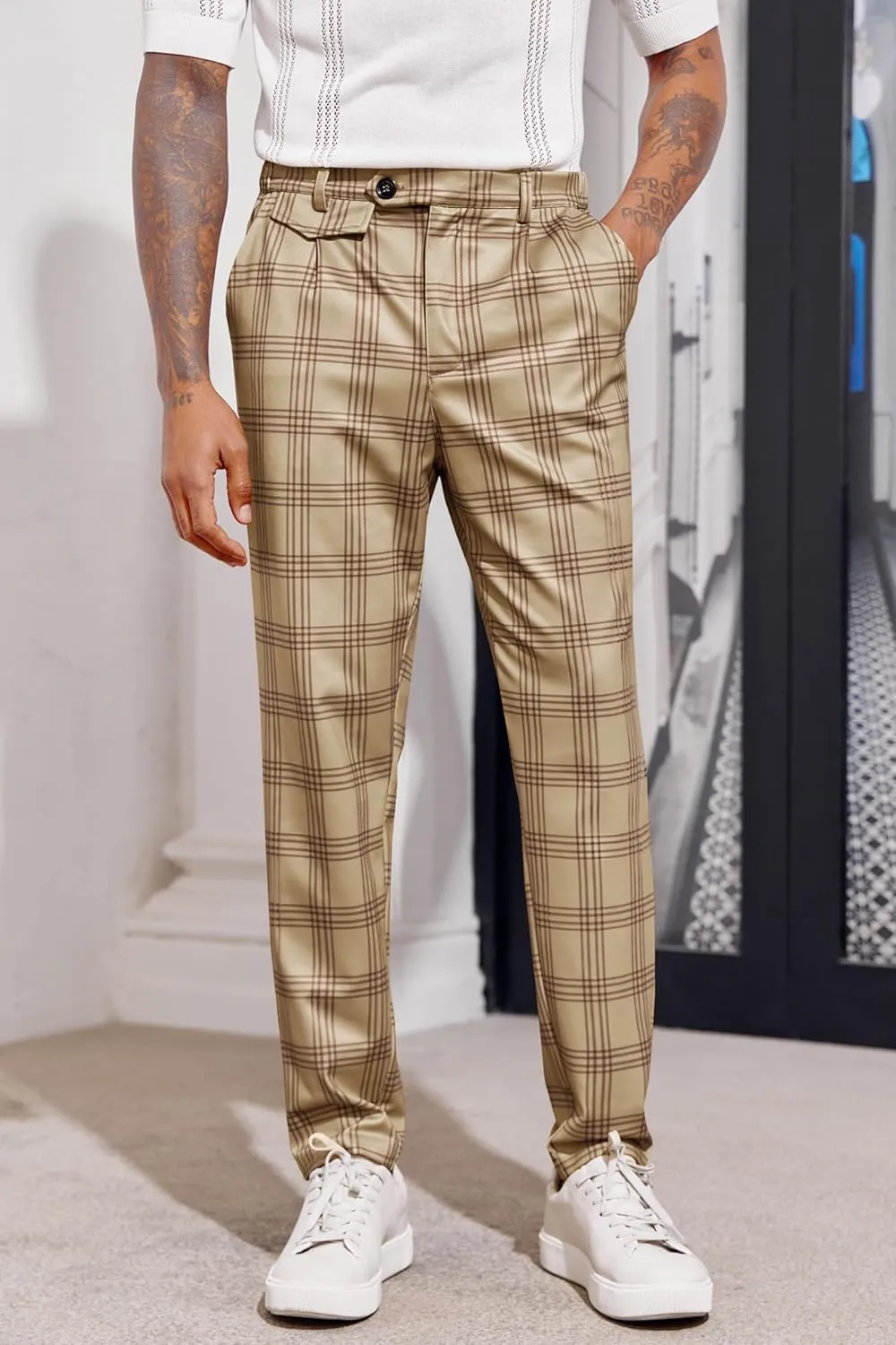 Mens Chinos Slim Fit Pants Flat Front Stretch Skinny Tapered Dress Pants Comfort Casual Solid Trousers