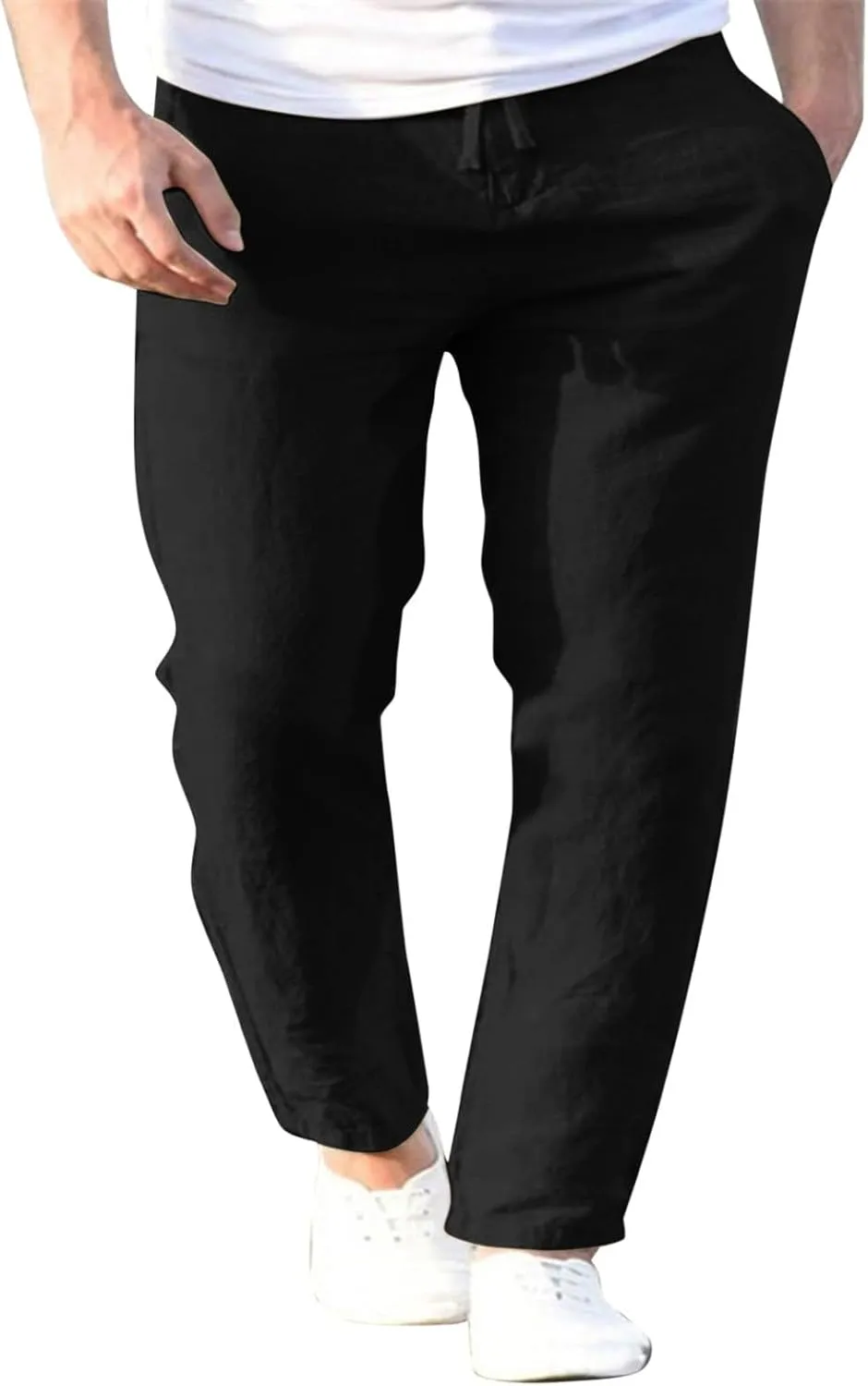 Men's Cotton Linen Pants Drawstring Elastic Waist Casual Joggers Slim-Fit Pants for Summer Beach Everyday Wear