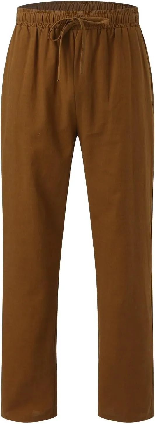 Men's Cotton Linen Pants Drawstring Elastic Waist Casual Joggers Slim-Fit Pants for Summer Beach Everyday Wear