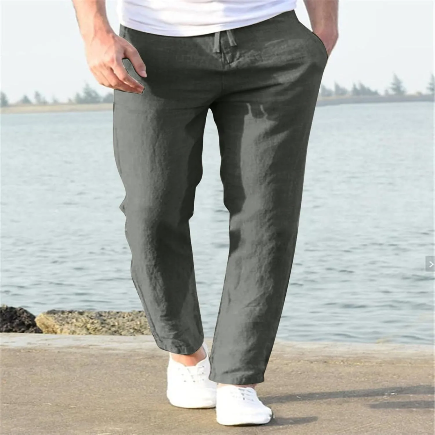 Men's Cotton Linen Pants Drawstring Elastic Waist Casual Joggers Slim-Fit Pants for Summer Beach Everyday Wear