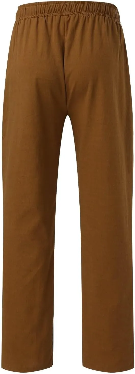 Men's Cotton Linen Pants Drawstring Elastic Waist Casual Joggers Slim-Fit Pants for Summer Beach Everyday Wear