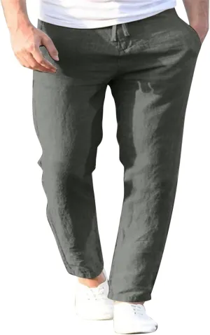 Men's Cotton Linen Pants Drawstring Elastic Waist Casual Joggers Slim-Fit Pants for Summer Beach Everyday Wear