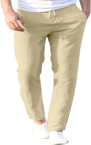 Men's Cotton Linen Pants Drawstring Elastic Waist Casual Joggers Slim-Fit Pants for Summer Beach Everyday Wear