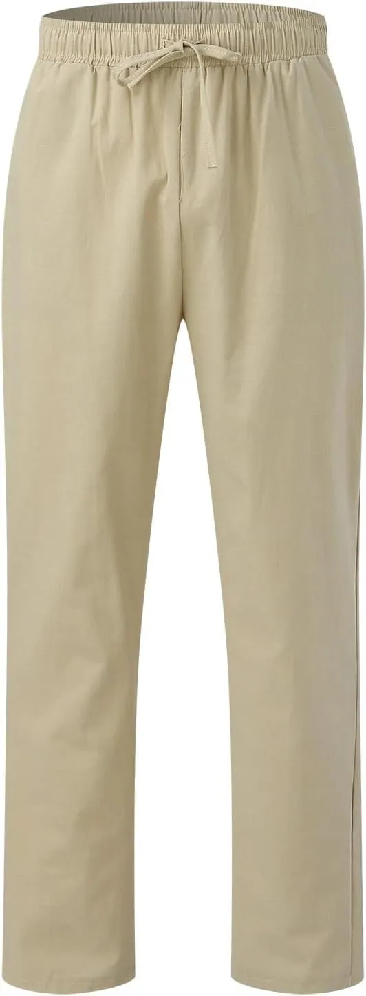 Men's Cotton Linen Pants Drawstring Elastic Waist Casual Joggers Slim-Fit Pants for Summer Beach Everyday Wear