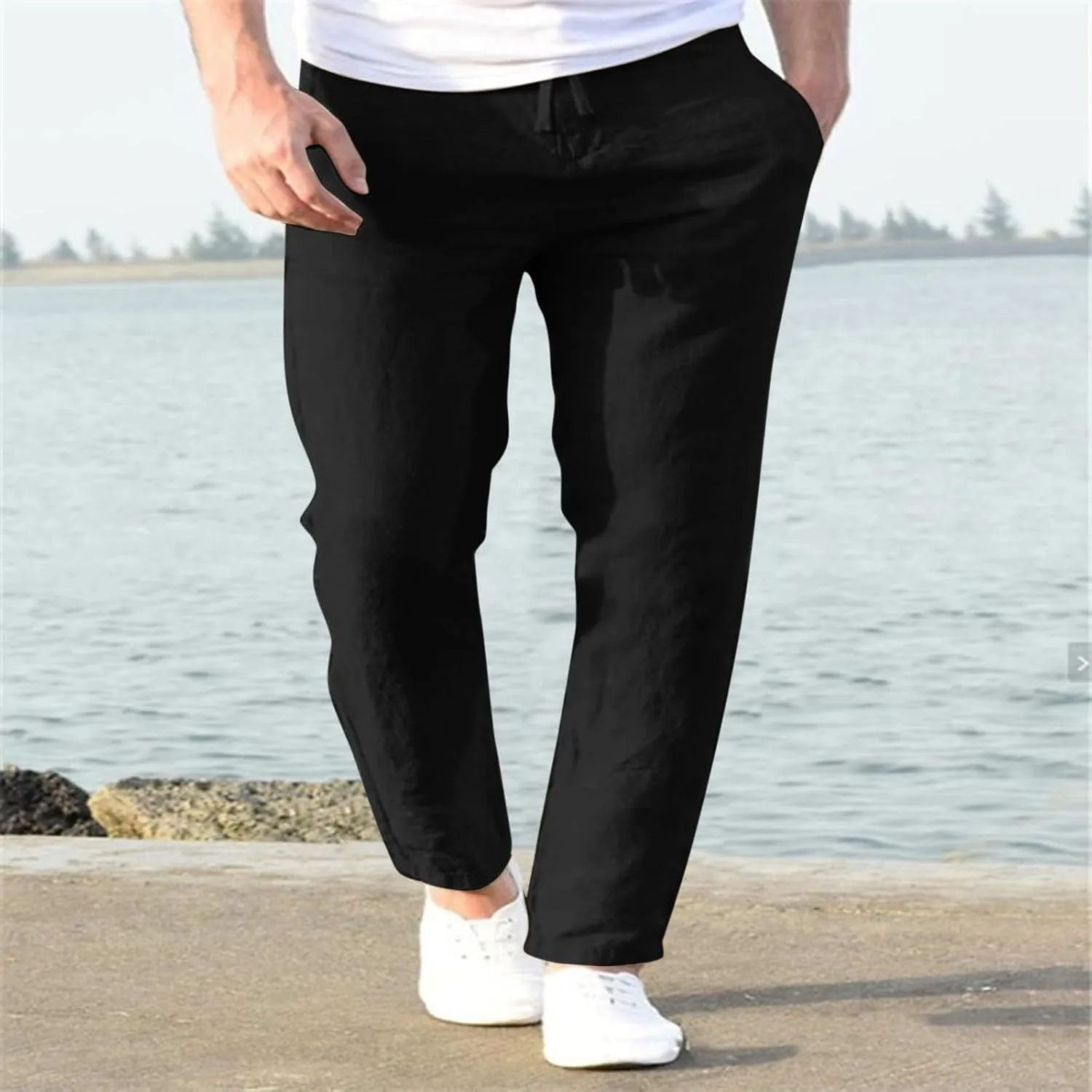 Men's Cotton Linen Pants Drawstring Elastic Waist Casual Joggers Slim-Fit Pants for Summer Beach Everyday Wear