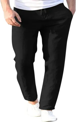 Men's Cotton Linen Pants Drawstring Elastic Waist Casual Joggers Slim-Fit Pants for Summer Beach Everyday Wear
