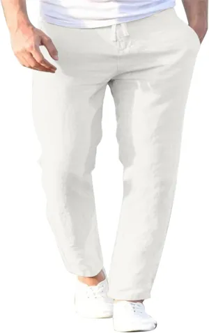 Men's Cotton Linen Pants Drawstring Elastic Waist Casual Joggers Slim-Fit Pants for Summer Beach Everyday Wear