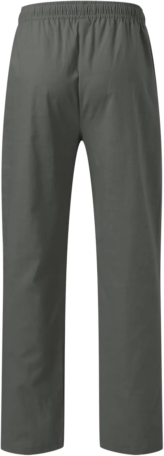 Men's Cotton Linen Pants Drawstring Elastic Waist Casual Joggers Slim-Fit Pants for Summer Beach Everyday Wear