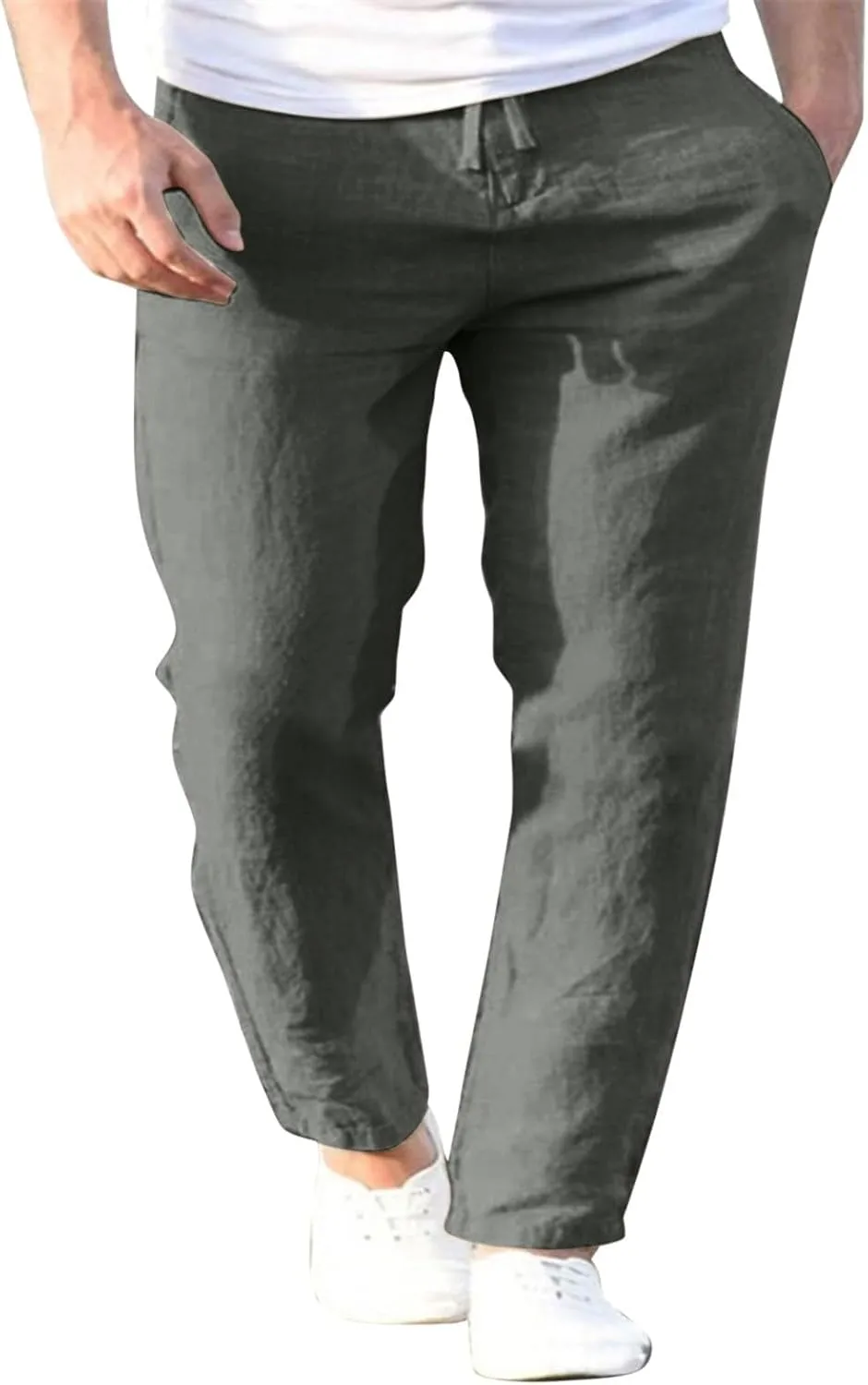 Men's Cotton Linen Pants Drawstring Elastic Waist Casual Joggers Slim-Fit Pants for Summer Beach Everyday Wear