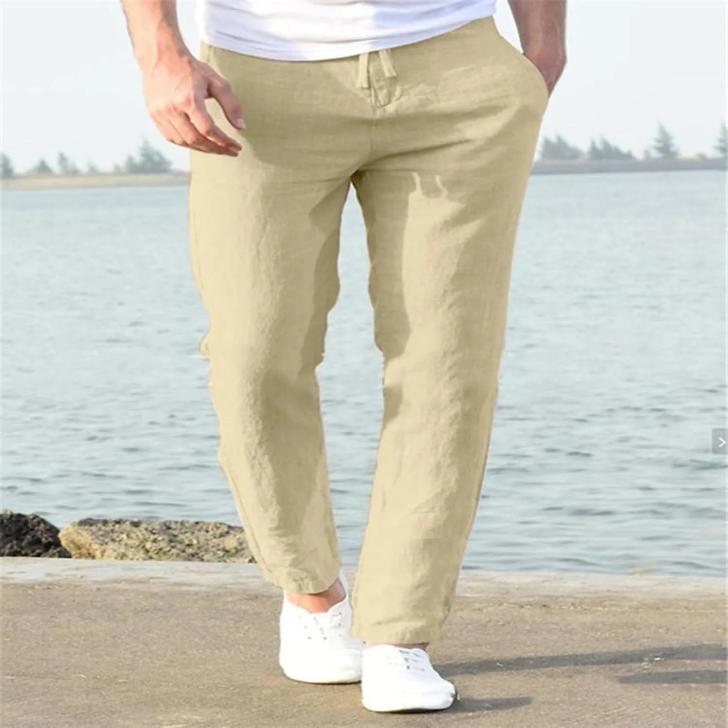 Men's Cotton Linen Pants Drawstring Elastic Waist Casual Joggers Slim-Fit Pants for Summer Beach Everyday Wear