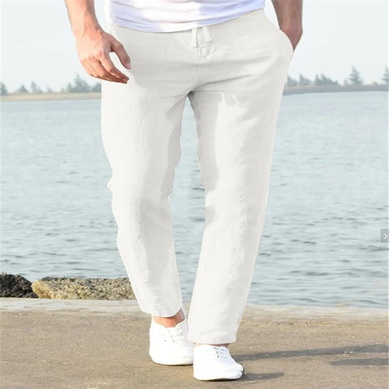 Men's Cotton Linen Pants Drawstring Elastic Waist Casual Joggers Slim-Fit Pants for Summer Beach Everyday Wear