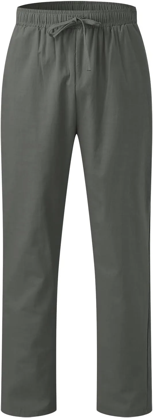 Men's Cotton Linen Pants Drawstring Elastic Waist Casual Joggers Slim-Fit Pants for Summer Beach Everyday Wear