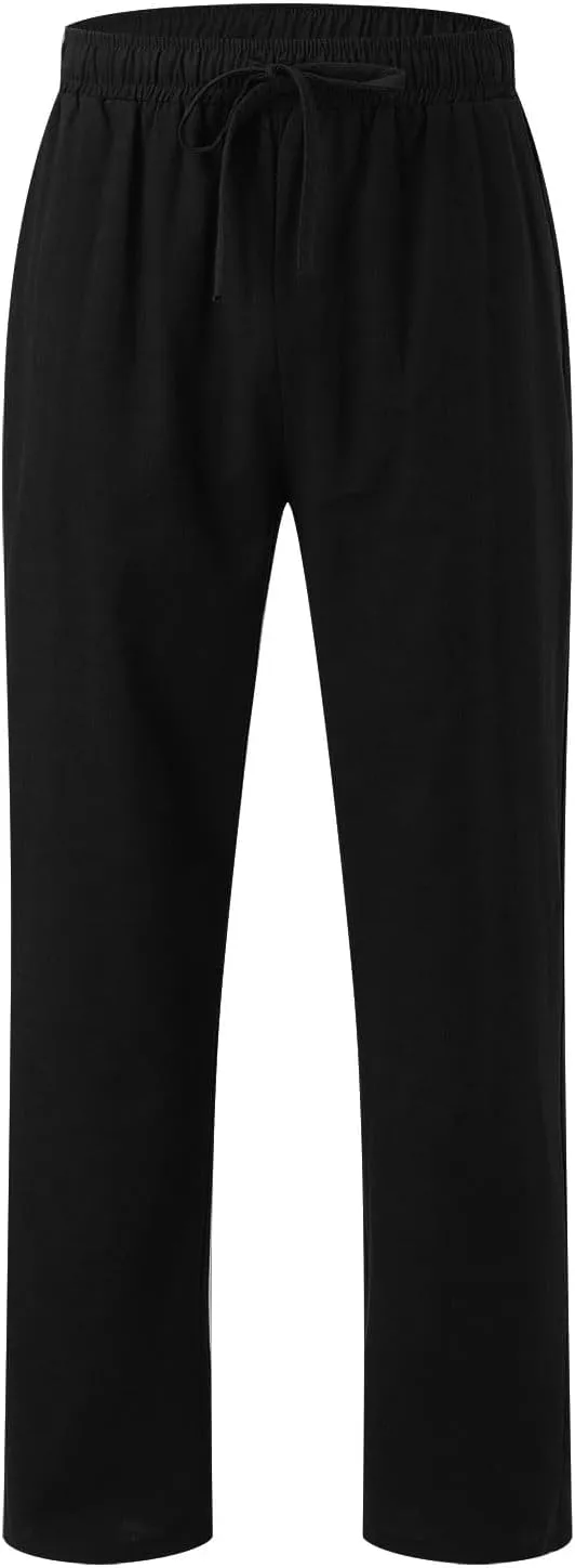 Men's Cotton Linen Pants Drawstring Elastic Waist Casual Joggers Slim-Fit Pants for Summer Beach Everyday Wear