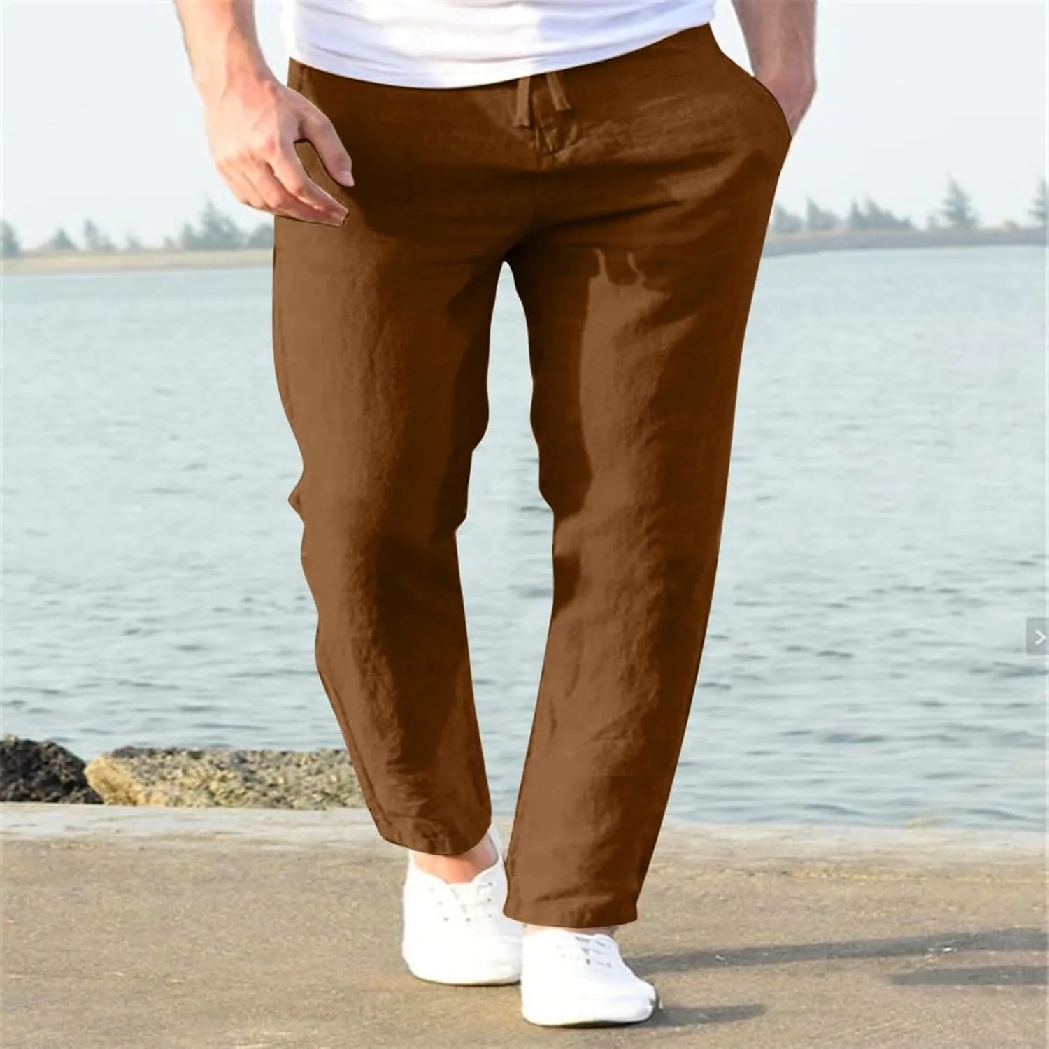 Men's Cotton Linen Pants Drawstring Elastic Waist Casual Joggers Slim-Fit Pants for Summer Beach Everyday Wear
