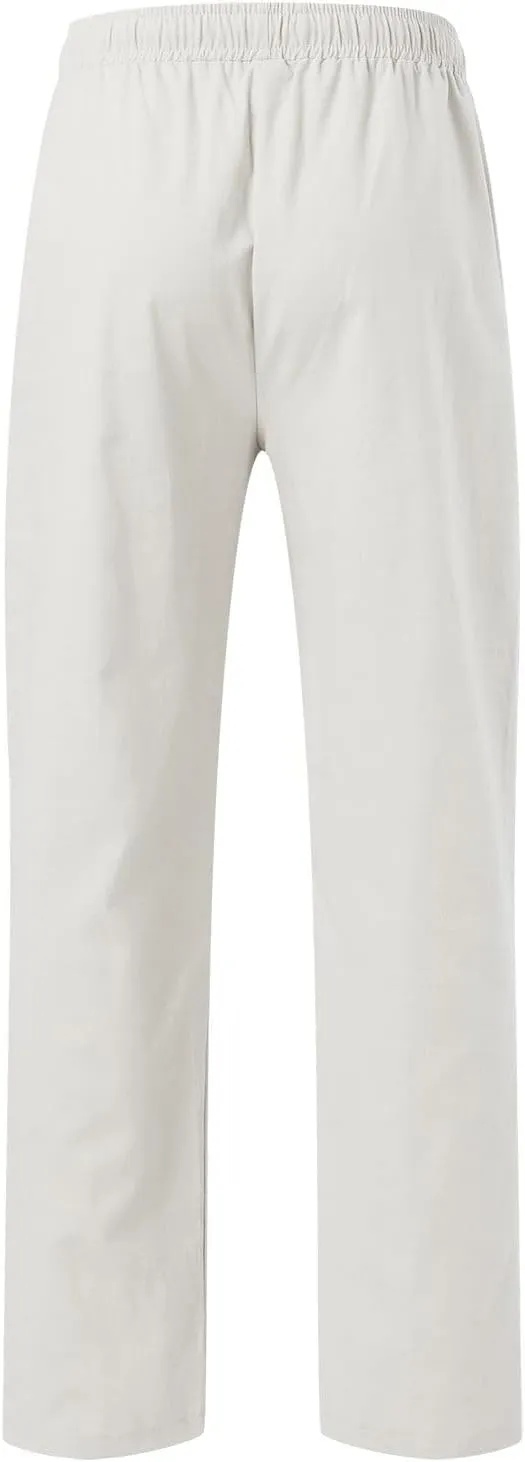 Men's Cotton Linen Pants Drawstring Elastic Waist Casual Joggers Slim-Fit Pants for Summer Beach Everyday Wear