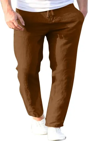 Men's Cotton Linen Pants Drawstring Elastic Waist Casual Joggers Slim-Fit Pants for Summer Beach Everyday Wear