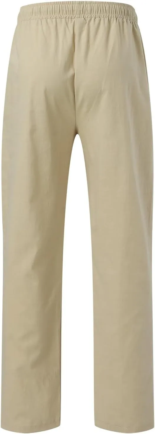 Men's Cotton Linen Pants Drawstring Elastic Waist Casual Joggers Slim-Fit Pants for Summer Beach Everyday Wear